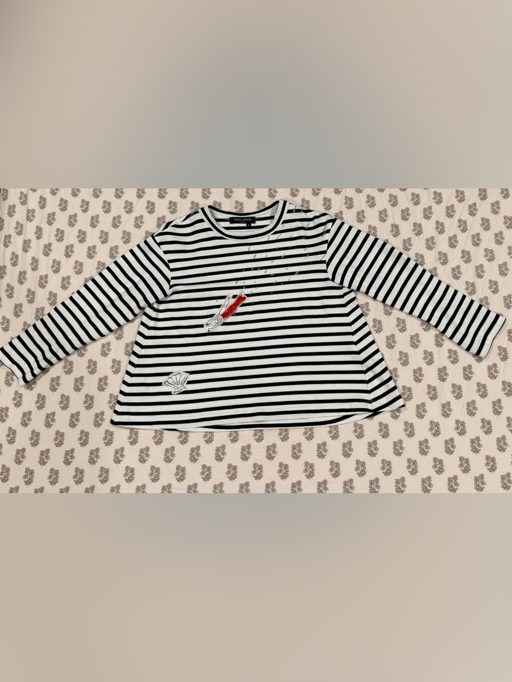 Yoshi Kondo Paris Striped Appliqué Top Black White Cotton Size S